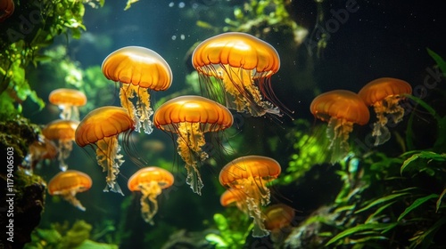 Wallpaper Mural Graceful Jellyfish Swimming Amidst Vibrant Underwater Plants Torontodigital.ca