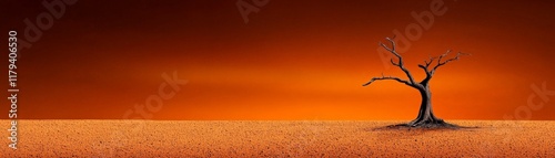 Solitude in the Desert: A solitary, barren tree stands stark against a fiery sunset, casting a melancholic silhouette against the vast, empty landscape. The image evokes feelings of isolation. photo