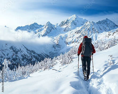 A solitary hiker with trekking poles on a snowy slope, looking toward the majestic snowcapped peaks in the distance, fresh snow and clear skies photo