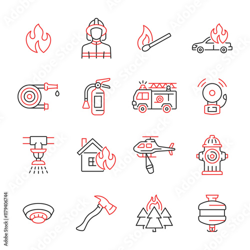 Firefighting line color vector icon set. Fire department symbol with fire, fire hose, firefighter, extinguisher, fire engine, sprinkler system, burning house, helicopter, hydrant.