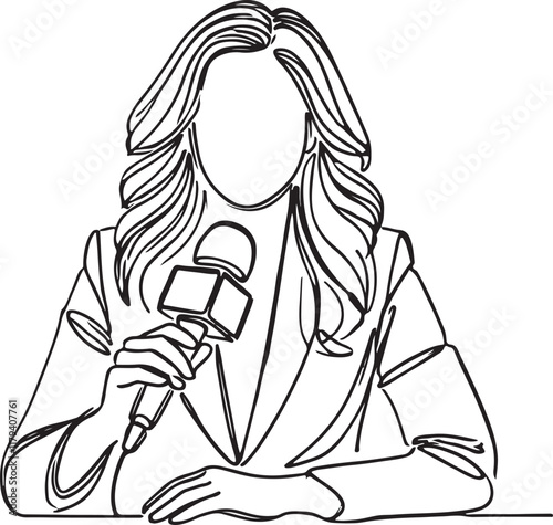 Professional Female Journalist in Line Art Style on White Background