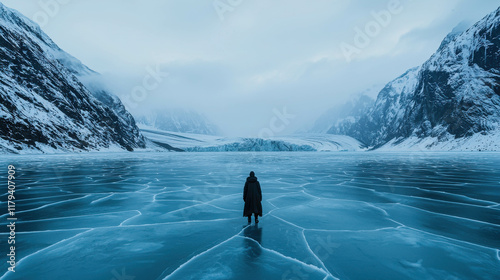 Majestic Frozen Lake at the Foot of Towering Icy Cliffs in a Winter Wonderland