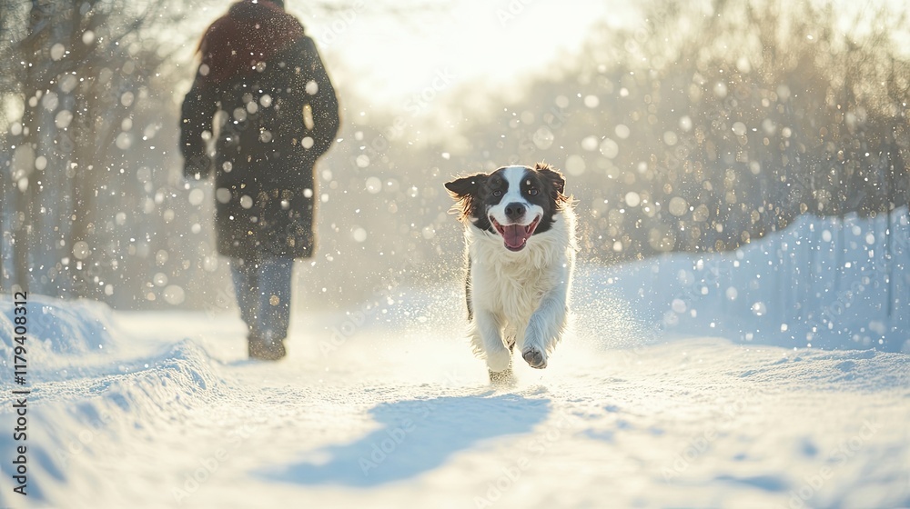 A joyful dog running through the snow with its owner, both enjoying the beauty of a winter day. A joyful dog running through the snow with its owner, both enjoying the beauty of a winter day.