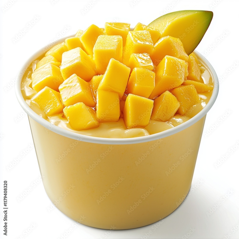 Fresh Mango Cubes on Creamy Dessert Base in White Bowl with Bright Yellow Color Contrast Fresh Mango Cubes on Creamy Dessert Base in White Bowl with Bright Yellow Color Contrast