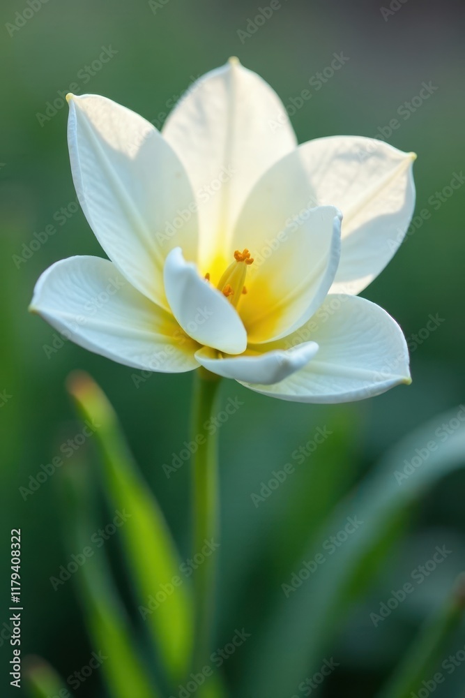 Delicate white petals unfolding on a green stem, with a subtle yellow center and intricate details , detail, botanical Delicate white petals unfolding on a green stem, with a subtle yellow center and intricate details , detail, botanical