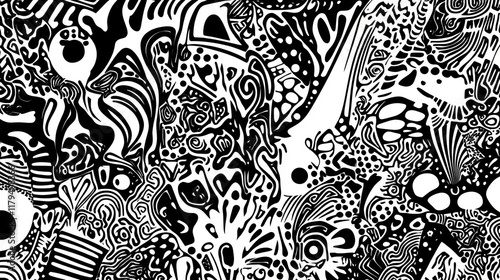 Abstract black and white psychedelic pattern with swirling shapes, dots, and lines.