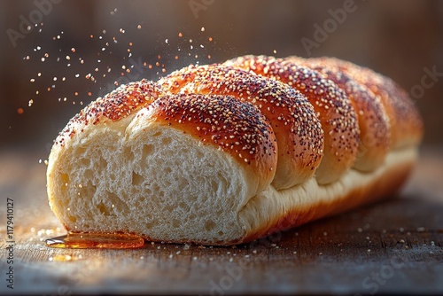 Delicious challah bread, freshly baked with sesame seeds, honey drizzle, rustic wooden background. photo