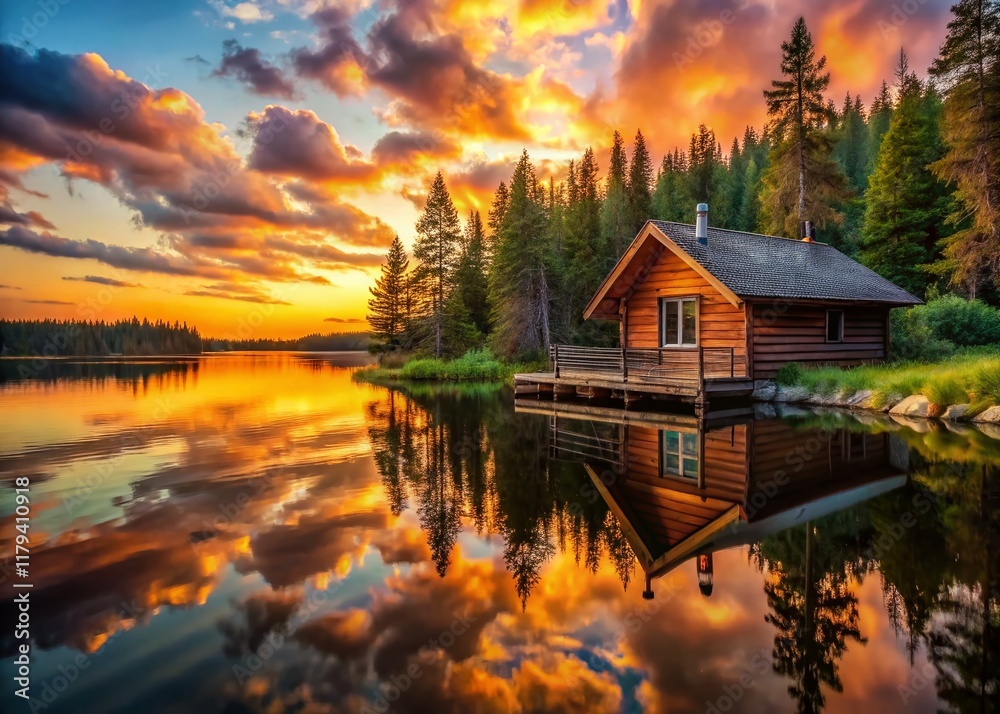 Fototapeta premium Cozy Lake Cabin Sunset - Peaceful Lakeside Retreat Stock Photo