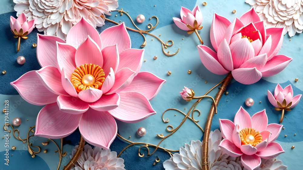 In a captivating scene, a pink lotus flower and a blue lotus flower beautifully coexist against an artistic blue and white background