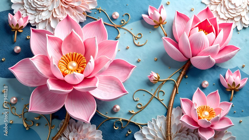 Obraz na płótnie In a captivating scene, a pink lotus flower and a blue lotus flower beautifully coexist against an artistic blue and white background w salonie