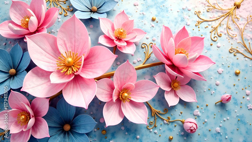 In a captivating scene, a pink lotus flower and a blue lotus flower beautifully coexist against an artistic blue and white background