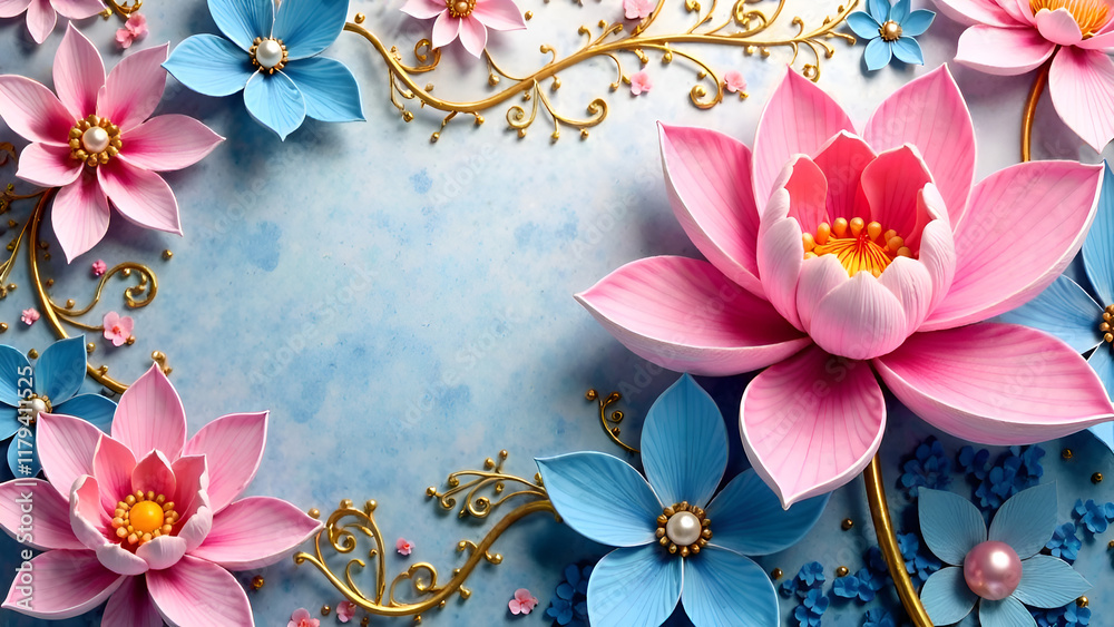 In a captivating scene, a pink lotus flower and a blue lotus flower beautifully coexist against an artistic blue and white background