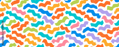 Colorful kid style seamless pattern with wavy bold brush strokes. Marker drawn wavy thick lines. Doodle confetti style.