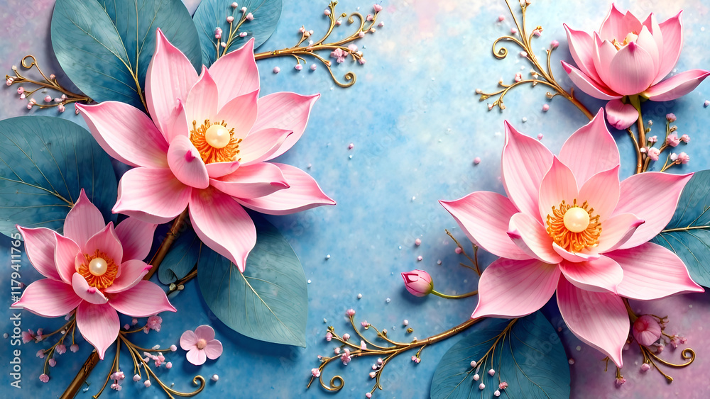 In a captivating scene, a pink lotus flower and a blue lotus flower beautifully coexist against an artistic blue and white background