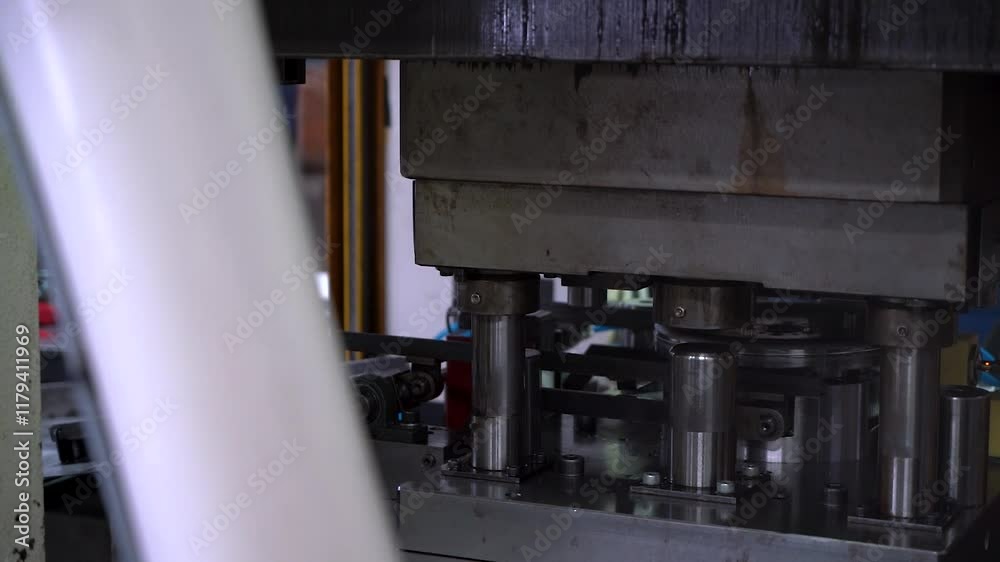 Close up view of a large hydraulic transfer press line shaping metal parts in a factory. Close up view of a large hydraulic transfer press line shaping metal parts in a factory.