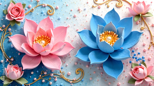 Obraz na płótnie In a captivating scene, a pink lotus flower and a blue lotus flower beautifully coexist against an artistic blue and white background w salonie