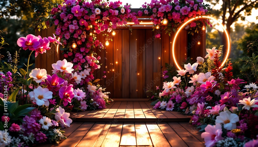 Fototapeta premium Enchanting Floral Garden Scene at Sunset: Wooden Deck, Pink Flowers, and Glowing Lights