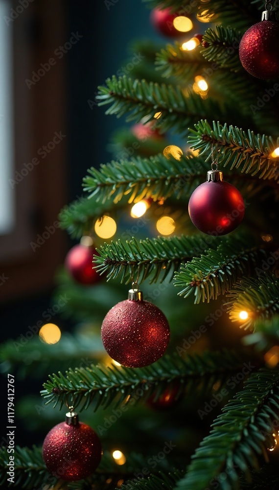 Obraz premium Warmly lit Tannenbaum (fir tree) with sparkling ornaments, evergreen, fir tree, holiday