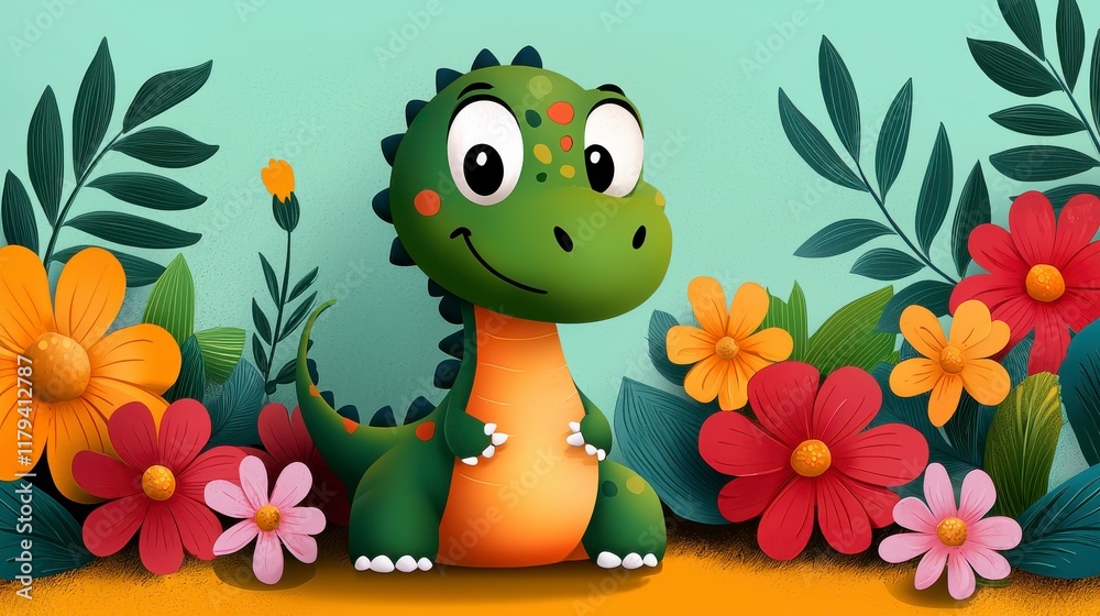 Fototapeta premium Cute Cartoon Dinosaur Surrounded by Colorful Flowers and Leaves