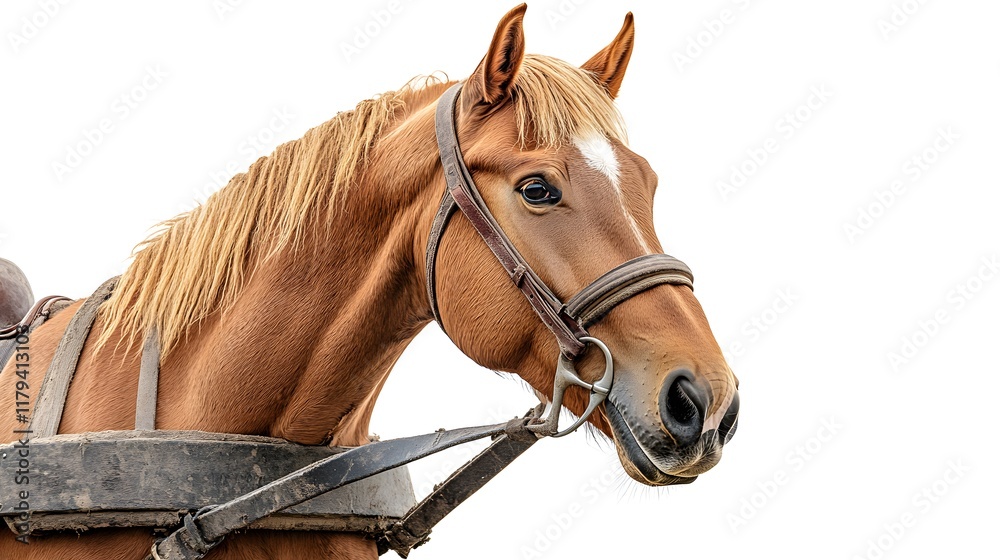 Fototapeta premium A strong horse pulling a plow in a field, symbolizing hard work and rural life amidst a vibrant, earthy landscape.