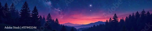 Wallpaper Mural Towering evergreen trees against a star-filled sky at dusk, twilight, forest, Torontodigital.ca