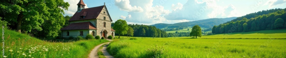 Lush greenery and historic church in rural setting , religious, chapel Lush greenery and historic church in rural setting , religious, chapel