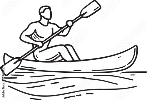 Fitness and Water Sports Vector. Canoe Rower Line Drawing on White photo