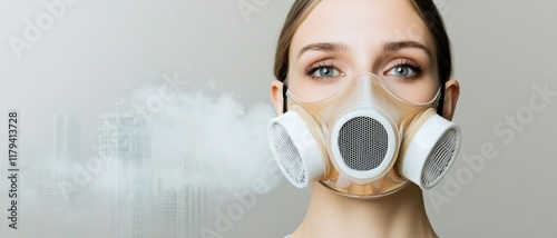 Mask wearer using air pollution mask concept. Woman wearing a protective mask with smoke in the background photo