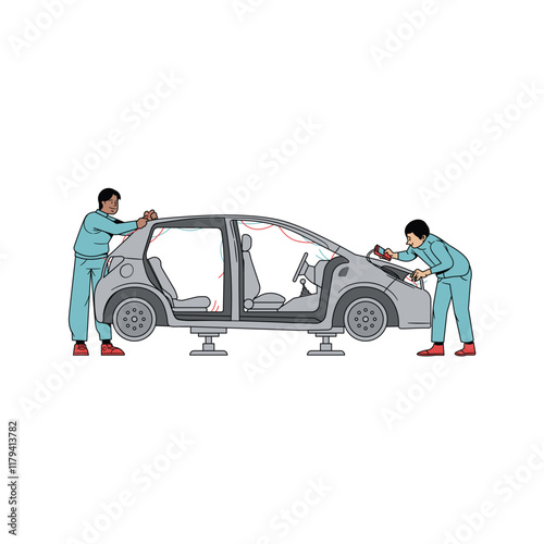 Lined semi-realistic repair, inspection, and maintenance of cars