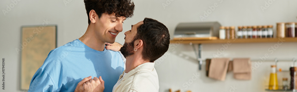 Fototapeta premium Loving moments shared by a gay couple in their modern apartment