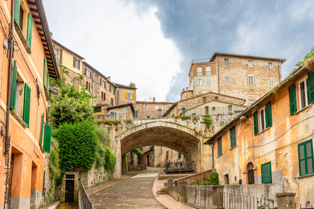 Beautiful Cityscape of Medieval Aqueduct of Perugia, Umbria in Italy
