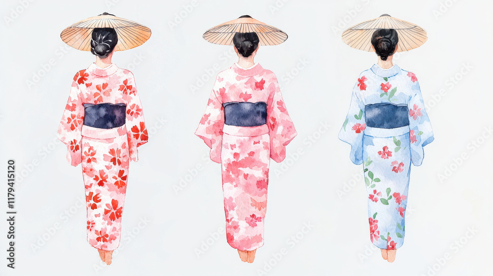 Three women in colorful yukata with straw hats, watercolor style Three women in colorful yukata with straw hats, watercolor style