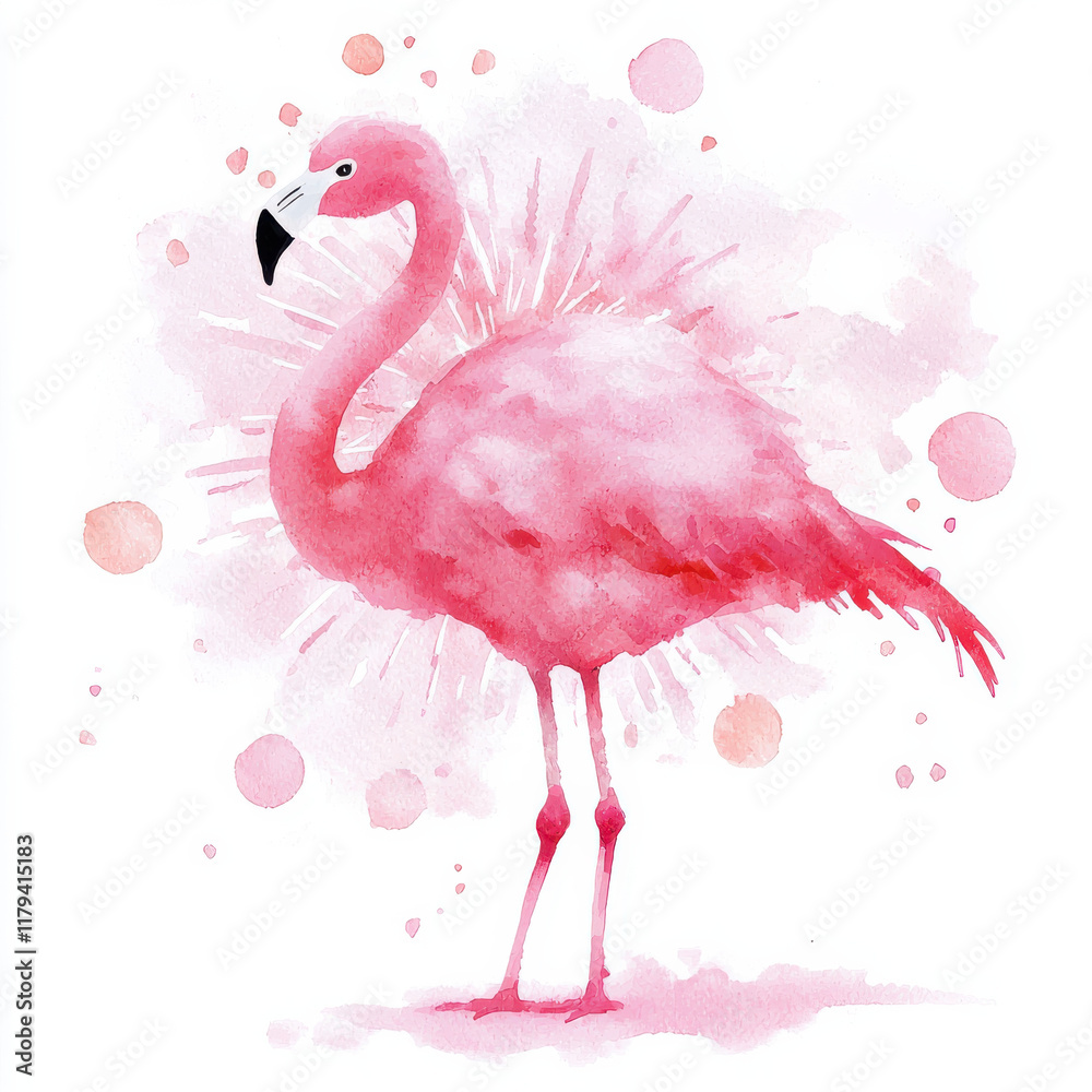 Naklejka premium Pink flamingo in watercolor with splashes and dots