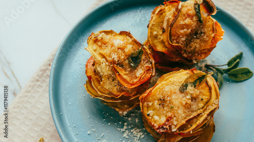 sweet potato baked with cheese appetizing on a plate close-up