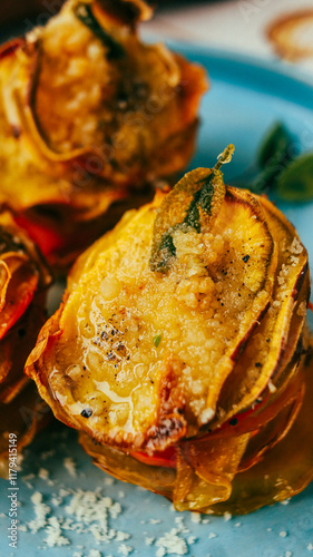 sweet potato baked with cheese appetizing on a plate close-up