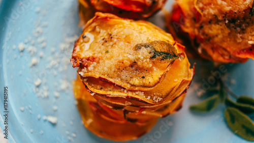sweet potato baked with cheese appetizing on a plate close-up