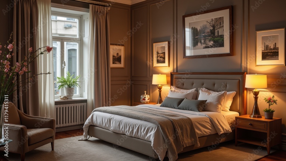 A serene retreat: plush gray headboard, crisp white bedding, and a soft gray throw blanket rest against a neutral-hued background A serene retreat: plush gray headboard, crisp white bedding, and a soft gray throw blanket rest against a neutral-hued background