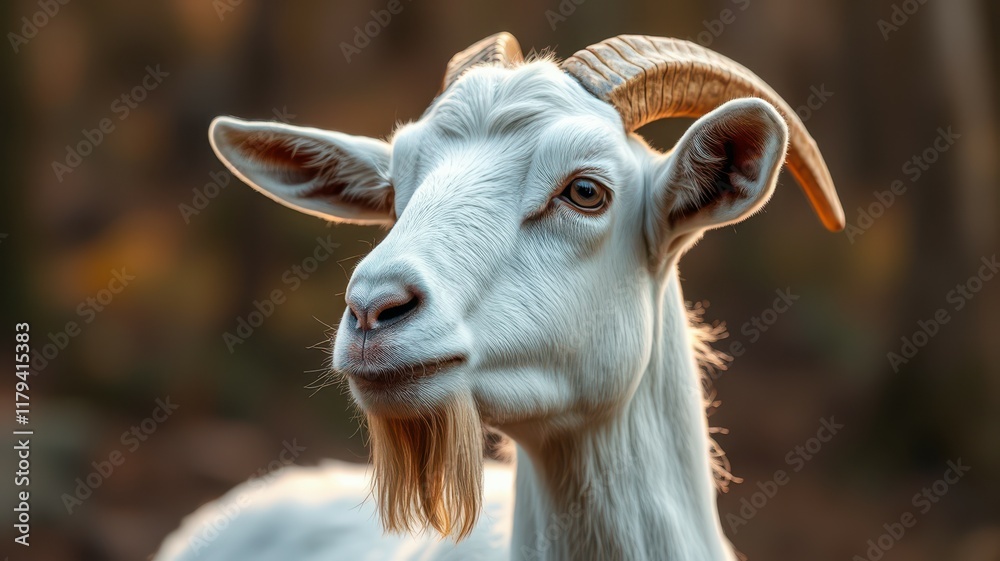 White goat with curved horns stands proudly in a natural setting during golden hour White goat with curved horns stands proudly in a natural setting during golden hour