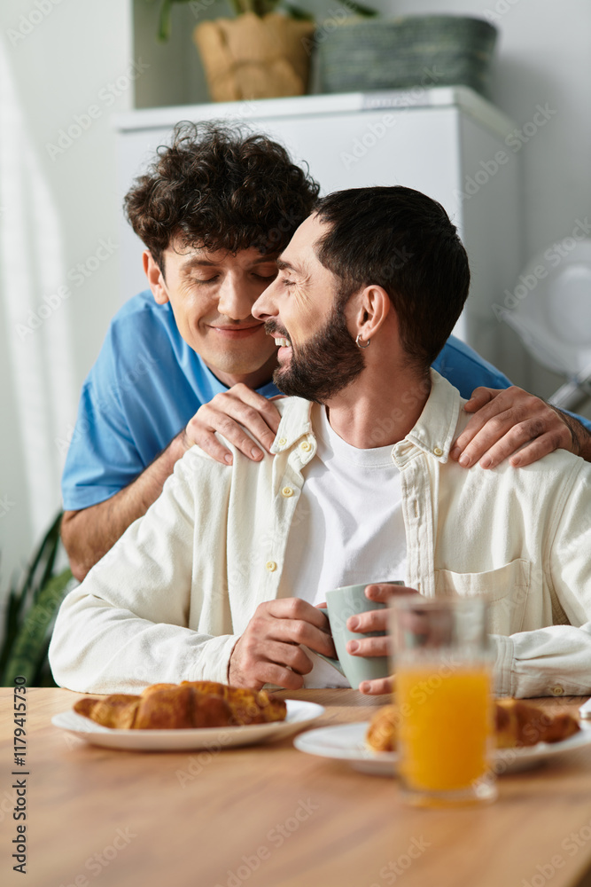 Cheerful morning breakfast shared by a loving gay couple in a modern apartment Cheerful morning breakfast shared by a loving gay couple in a modern apartment