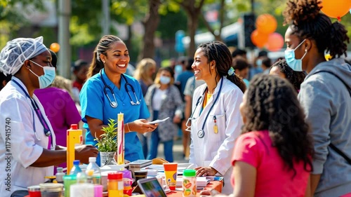 community health fair, with diverse healthcare professionals offering free screenings and consultations to attendees