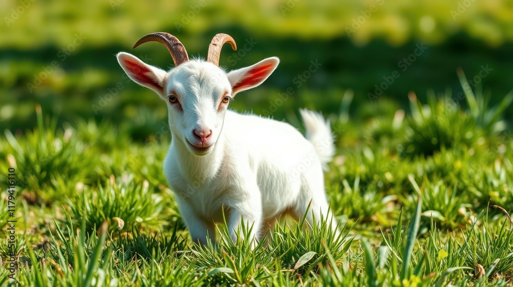 Playful white goat exploring a sunny green meadow in the countryside during spring Playful white goat exploring a sunny green meadow in the countryside during spring