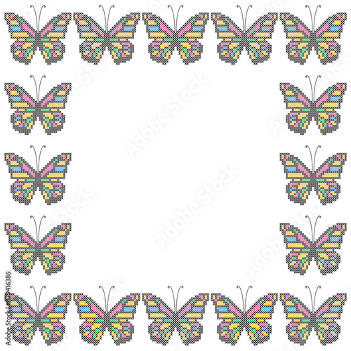 Vector card with cross stitch butterflies in bright colors on white background. Romantic summer background. Empty space for text or picture.