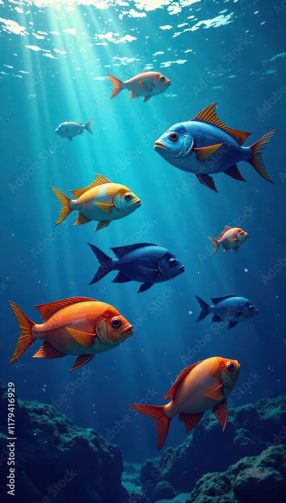 School of abstract fish swimming in wavy ocean waters, fish shapes, abstract ocean School of abstract fish swimming in wavy ocean waters, fish shapes, abstract ocean