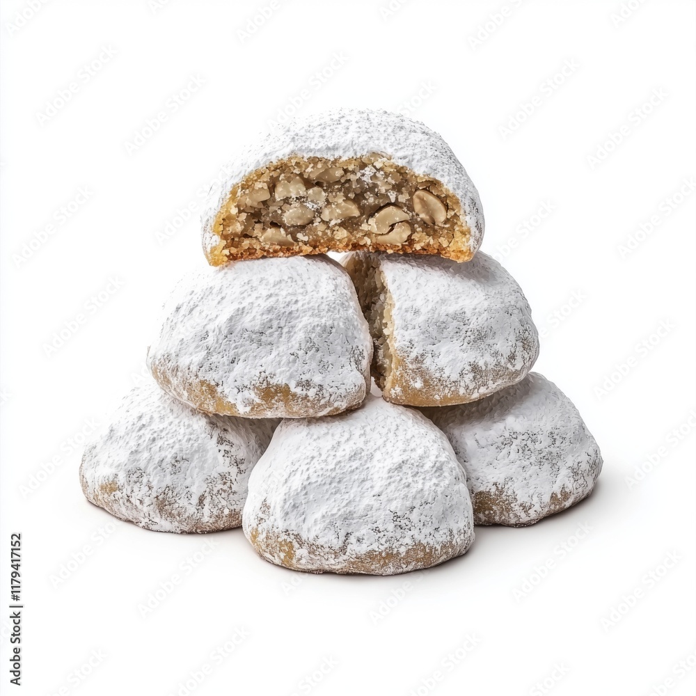 Delicious powdered sugar covered cookies with nuts stacked on a white background Delicious powdered sugar covered cookies with nuts stacked on a white background