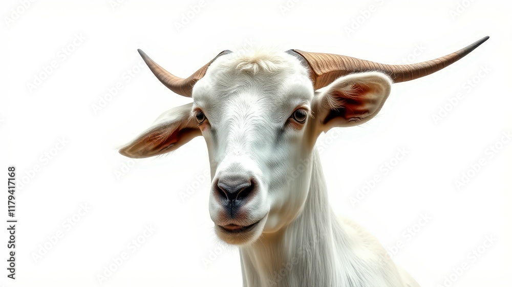 Naklejka premium Realistic depiction of a goat with prominent horns stands out against a white background showcasing its curious expression
