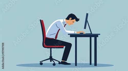 Worker at computer with poor posture, feeling exhausted and stressed