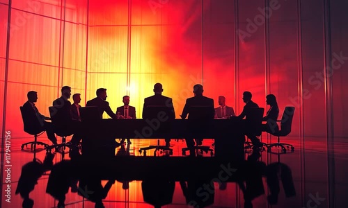 Silhouetted figures in a dramatic meeting setting.