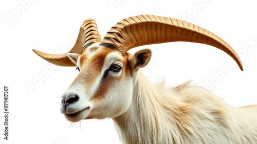 Unique portrait of an oryx with impressive horns and a soft coat against a white background photo