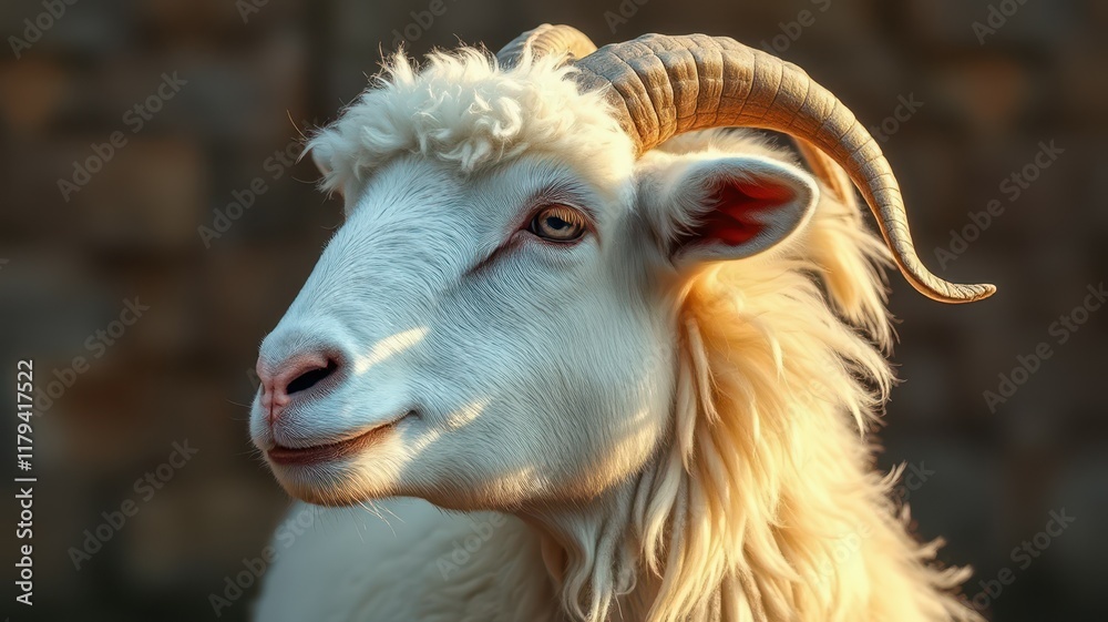 Curious white goat with magnificent horns posing in warm sunlight against a rustic background