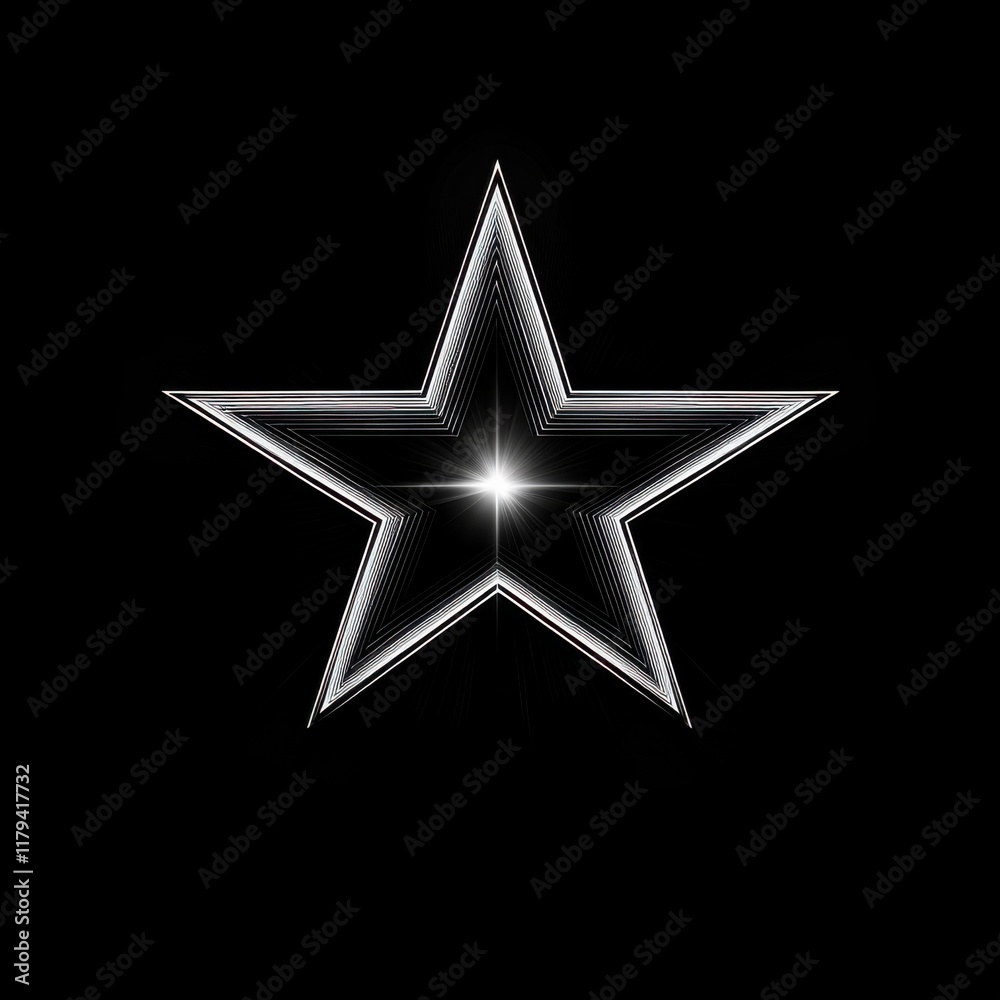 Fototapeta premium Black background, single silver star in the middle of the screen, simple and elegant style, symmetrical composition, metallic texture, high contrast between light and shadow.